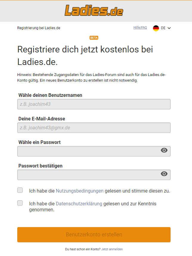 Ladies.de Konto erstellen Anmeldefläche 